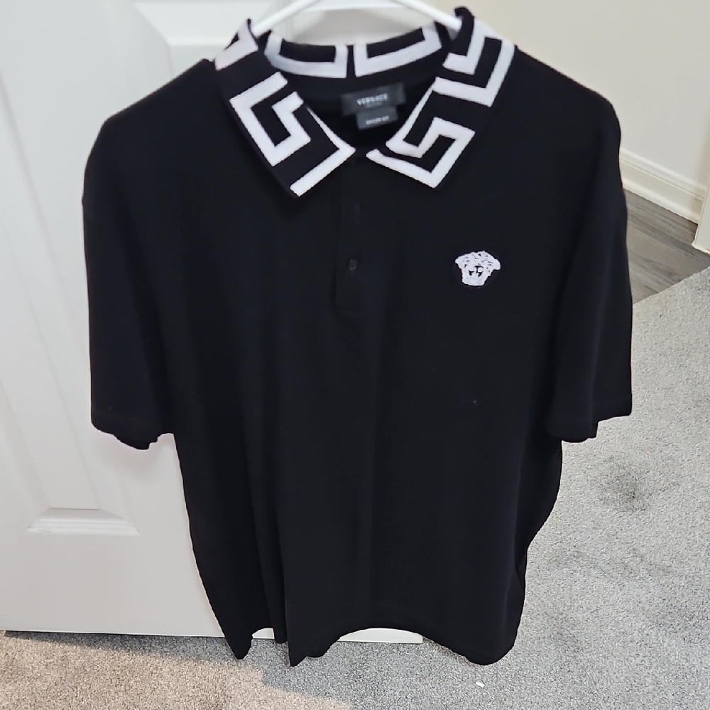 Versace Black Polo with Geometric Collar